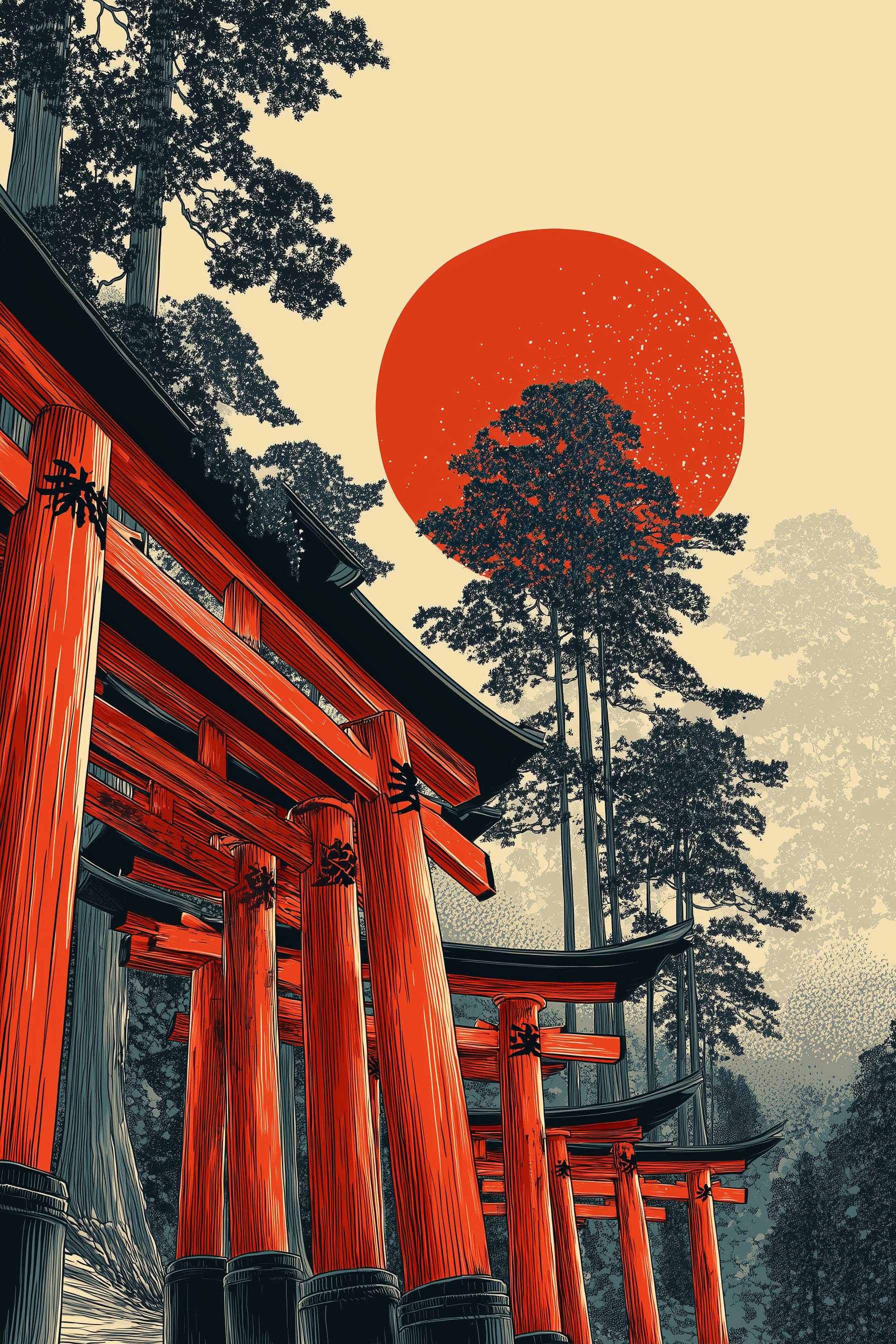 Woodblock-style print looking up along a row of vermillion torii gates at Fushimi Inari, black inscriptions on the pillars, indigo cedar trees behind, and a huge red sun hanging in a pale cream sky.