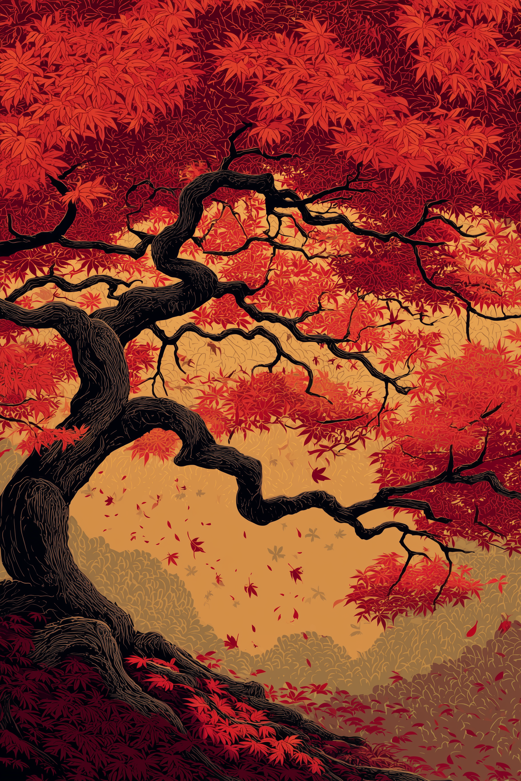 Woodblock-style print of an ancient Japanese maple, black serpentine branches carrying a canopy of crimson and scarlet leaves over an amber valley, single leaves drifting loose into the air.