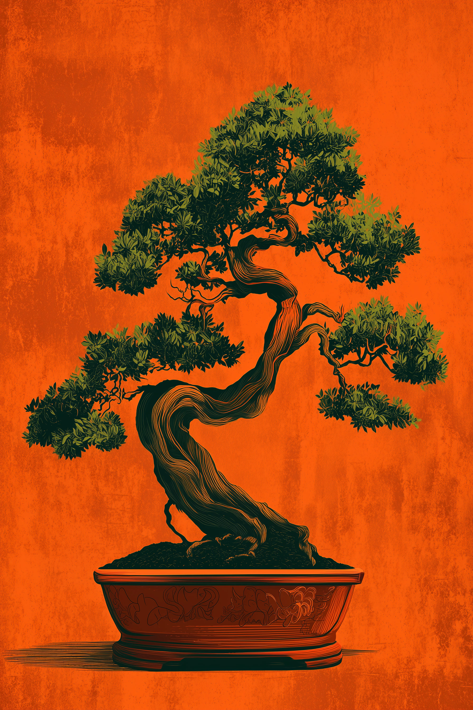Woodblock-style print of an ancient bonsai against a burnt-orange wall: the striated trunk snakes upward in an S-curve from a carved ceramic pot, carrying flat clouds of deep green foliage.