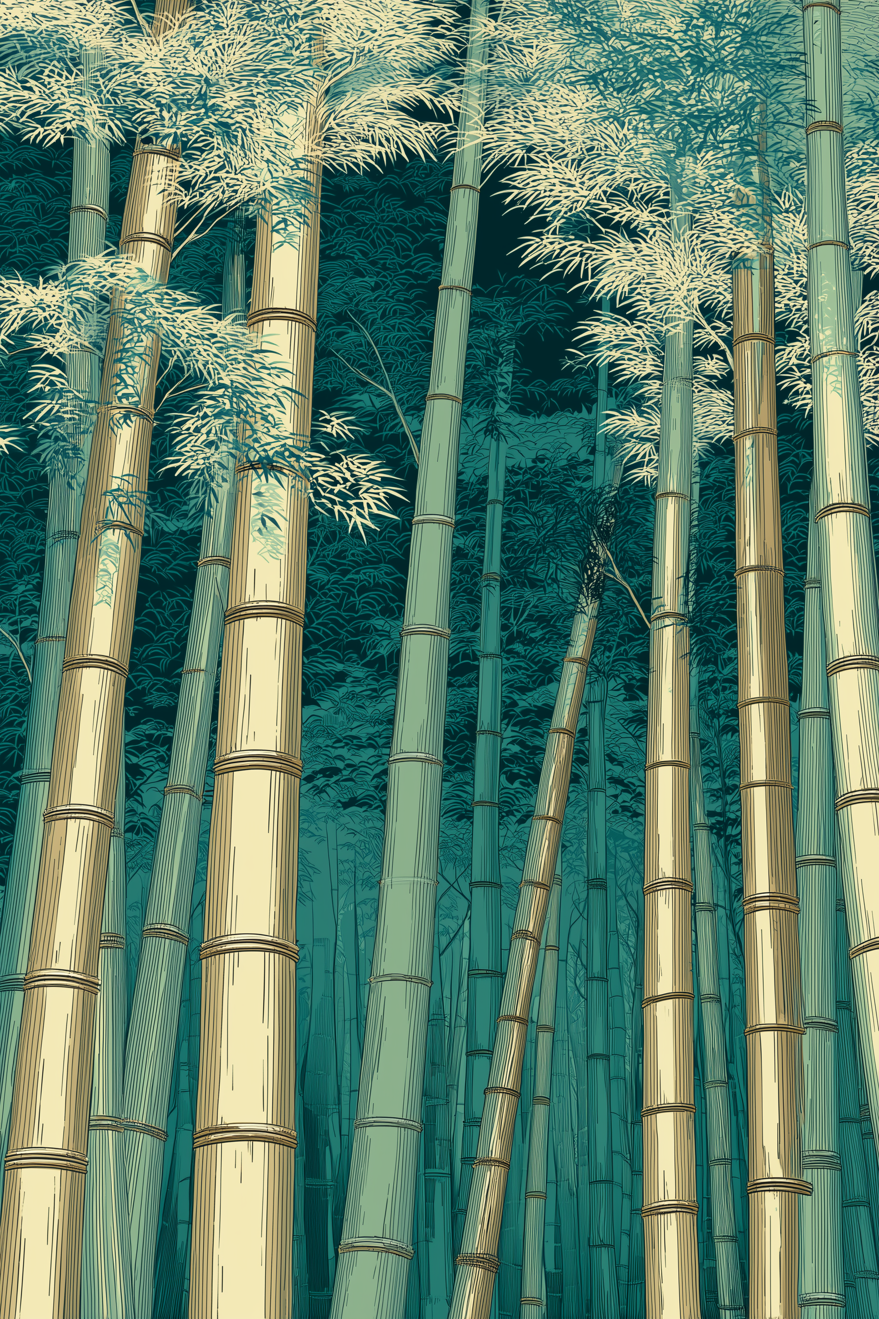 Woodblock-style print of a bamboo grove: cream and celadon culms with ringed nodes lean gently across a dark teal thicket, feathery pale leaves catching light at the top of the frame.