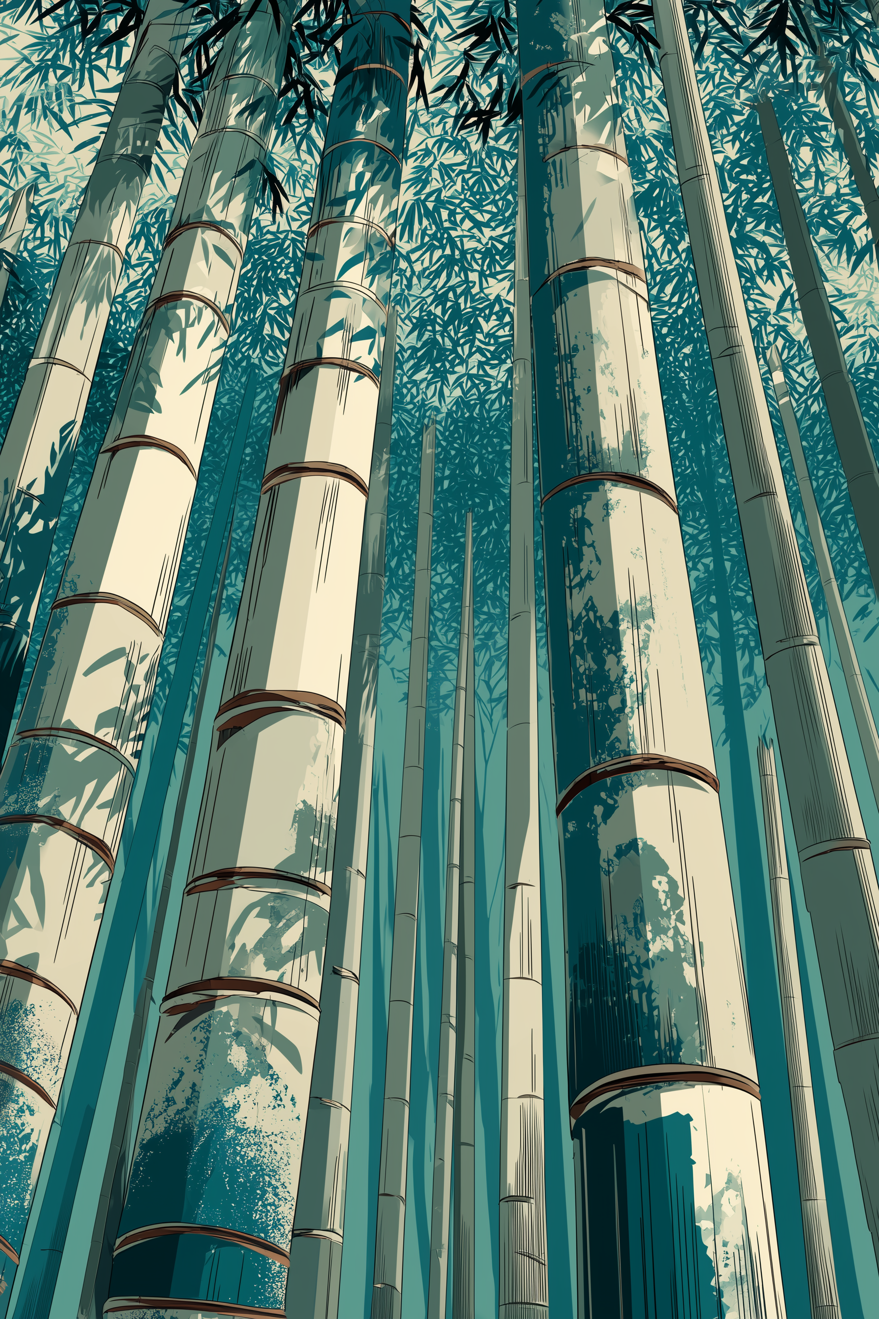 Low-angle woodblock-style view up massive bamboo trunks, pale ivory culms banded with brown nodes converging toward a ceiling of dense teal foliage and scattered leaf silhouettes.