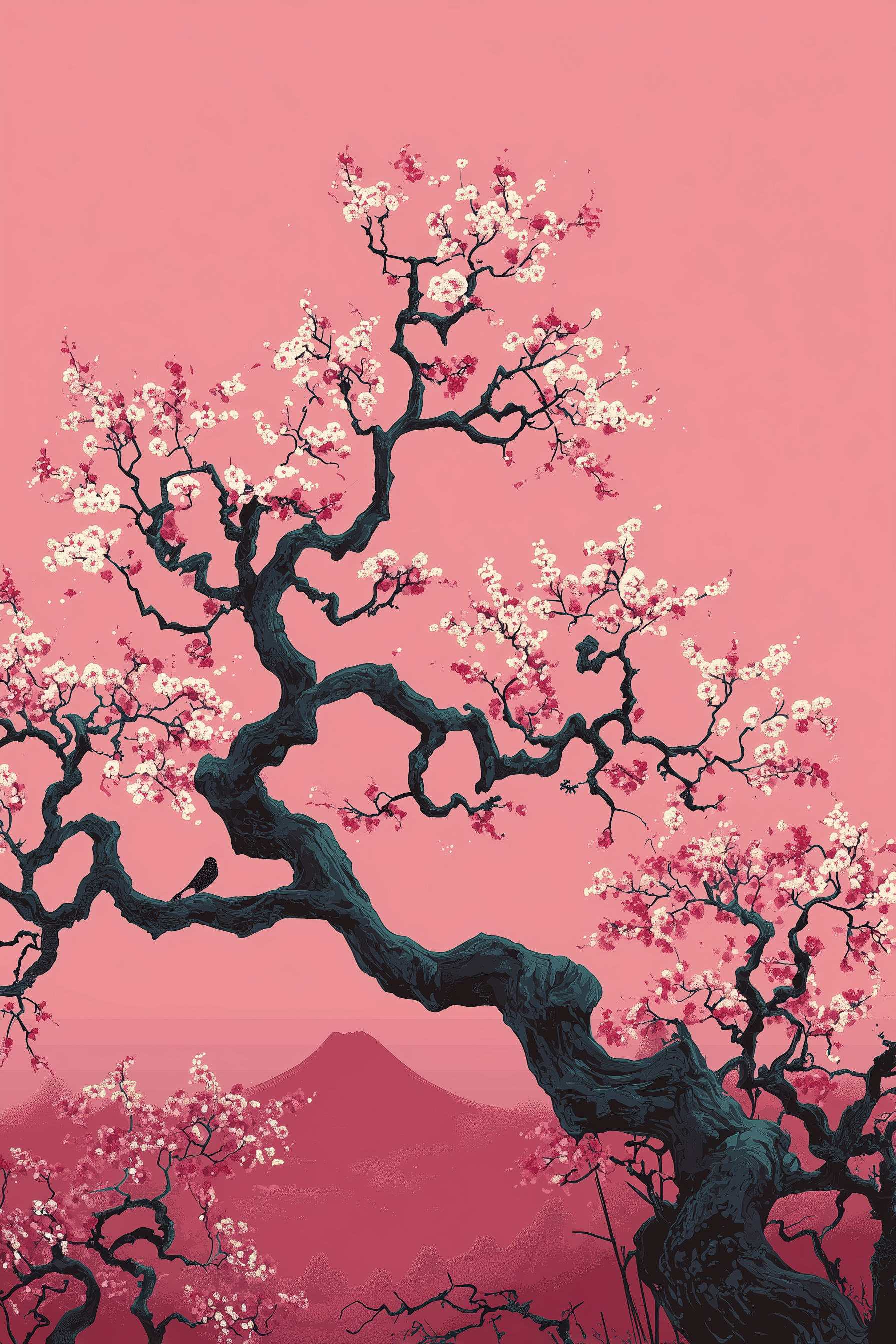 Woodblock-style print of a gnarled cherry tree in full bloom against a rose-pink sky, ivory and magenta blossoms on twisting dark branches, a lone bird perched on a bough and a dusky Mount Fuji on the horizon.