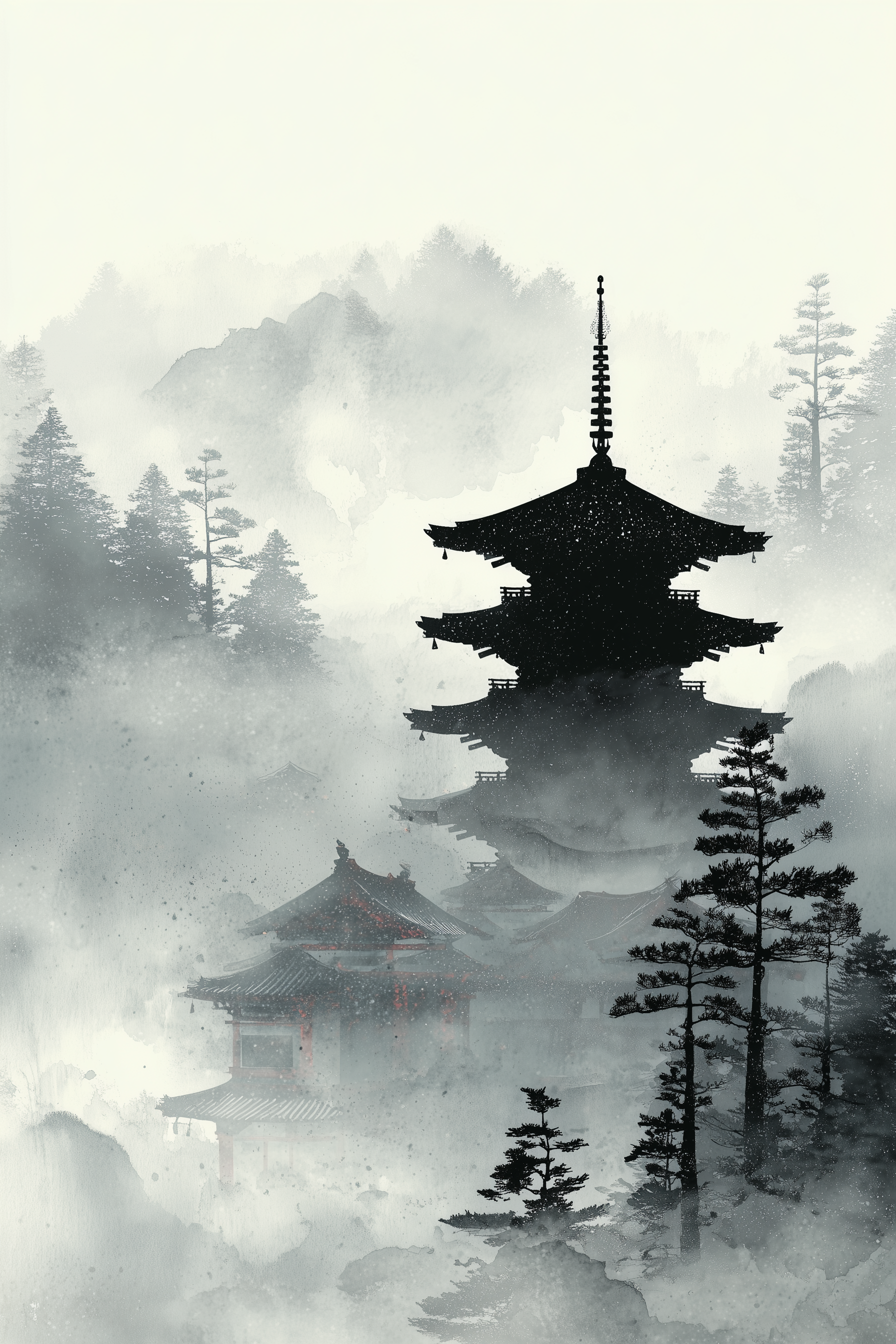 Sumi-e ink-wash scene: the black silhouette of a five-storey pagoda and its long spire rise from banks of grey mist, pine trees and a temple hall with faint vermillion beams half-dissolved in the fog below.