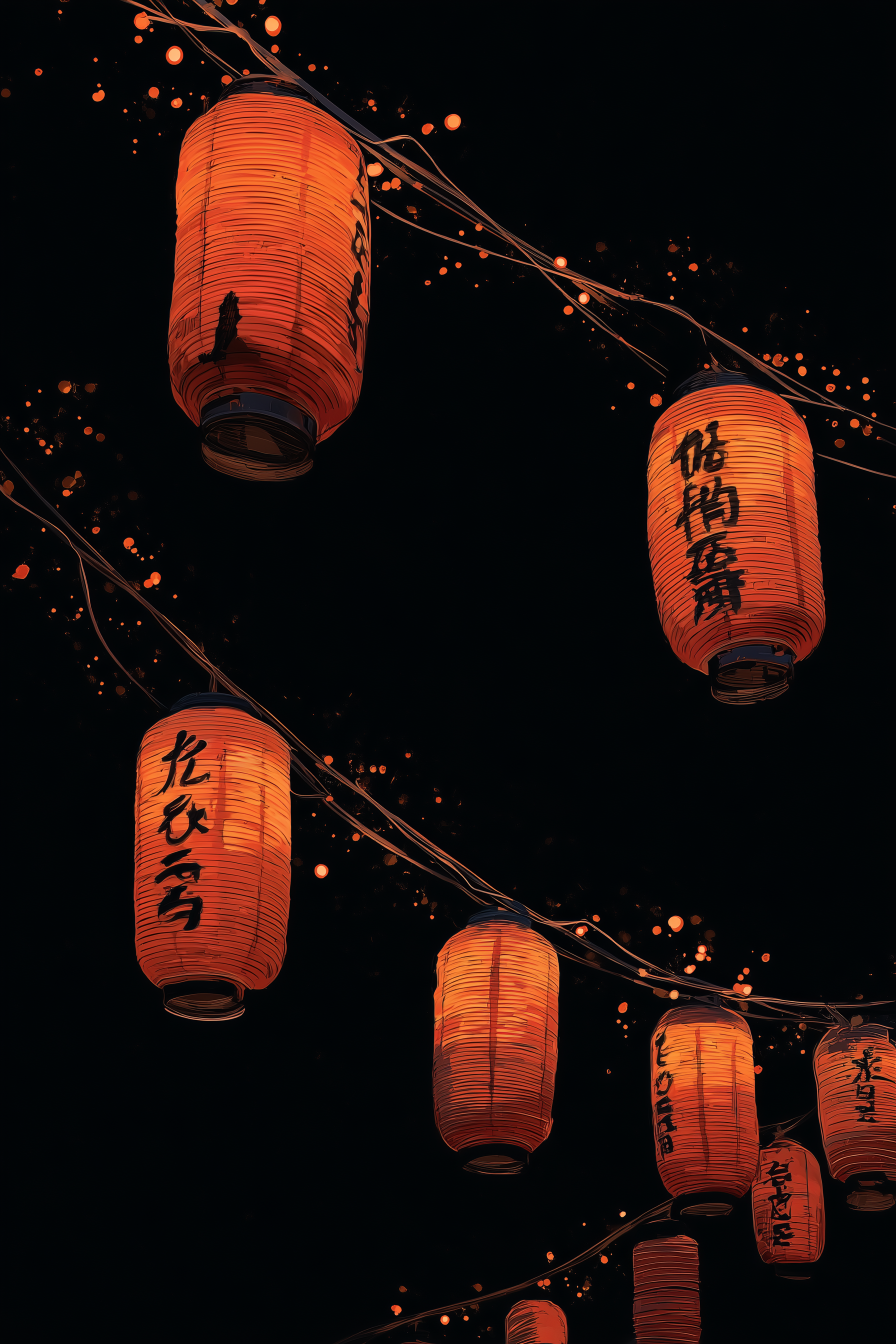 Strings of glowing orange paper lanterns with black calligraphy sweep across a pitch-black night sky, sparks and embers scattered like fireflies along the cords.