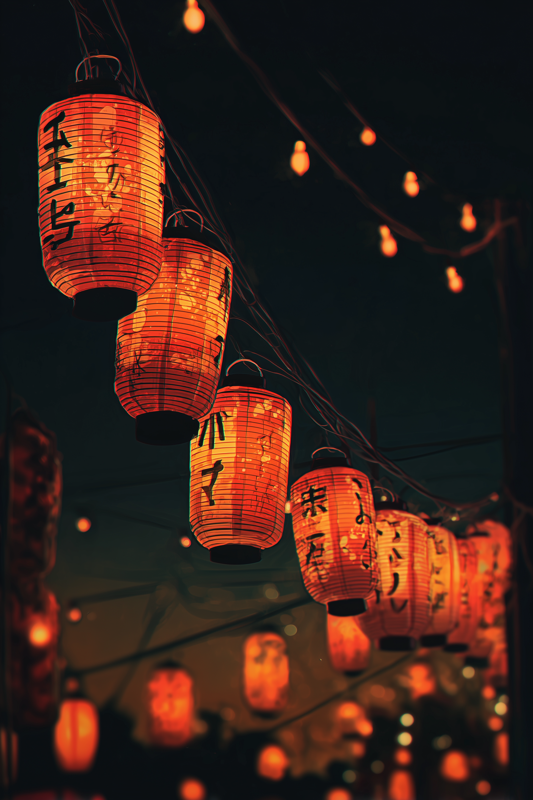 A diagonal procession of ribbed red-orange chōchin lanterns recedes into a festival street, hundreds more melting into warm bokeh lights in the darkness behind.