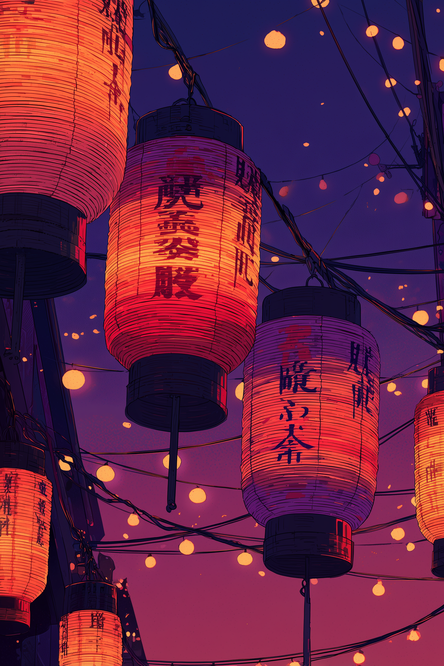 Giant barrel lanterns painted with dark kanji hang among crossing power lines against a violet dusk, small round festival bulbs strung between them like constellations.