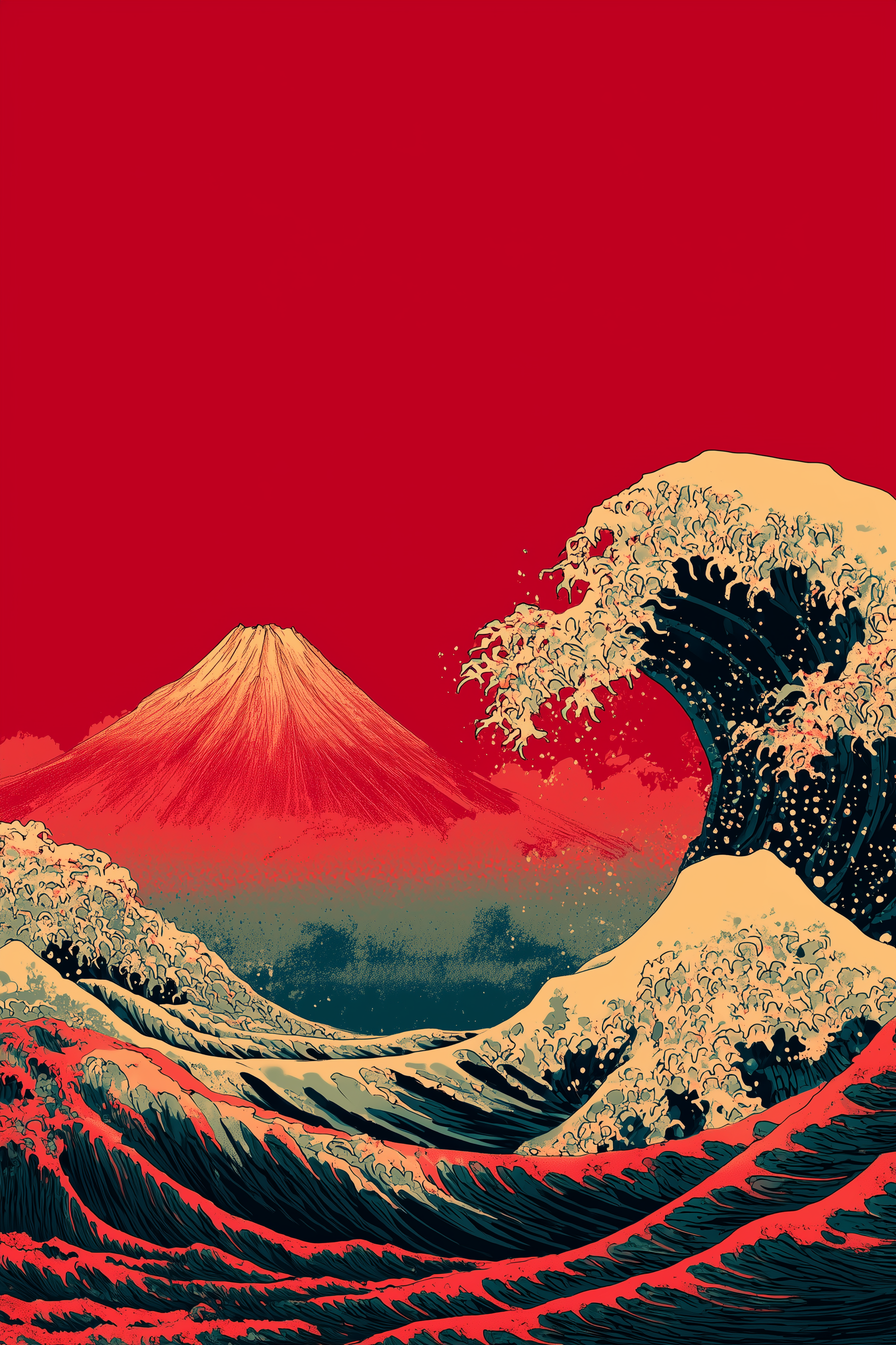 Ukiyo-e woodblock print of a crimson Mount Fuji rising behind a great cresting wave, rendered in vermillion red, cream and deep indigo — an homage to Hokusai's Great Wave off Kanagawa.