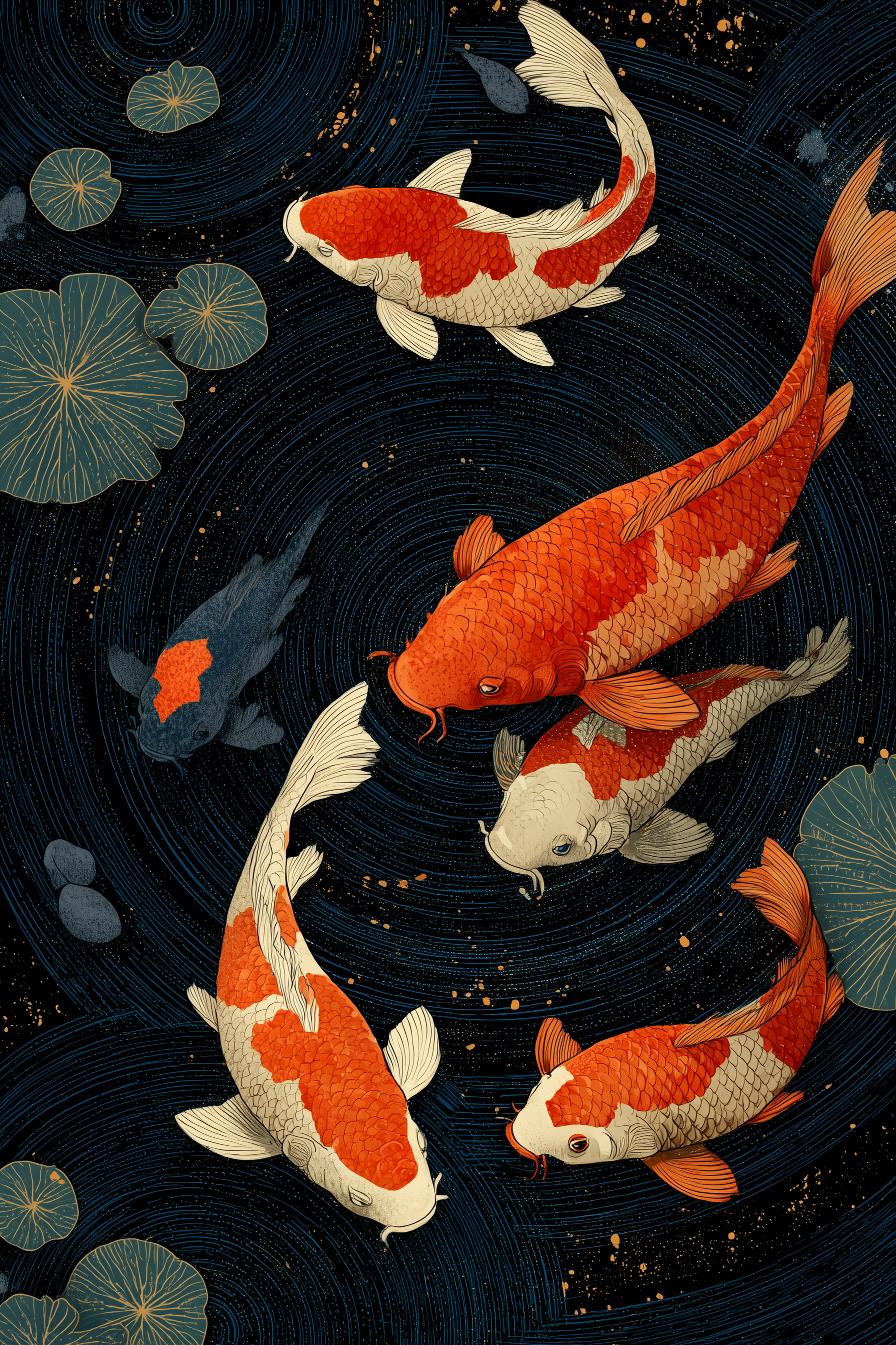 Top-down woodblock-style print of a midnight pond: five orange-and-white koi and one slate-blue koi circle among teal lotus leaves, the black water engraved with concentric ripple rings and flecked with gold.