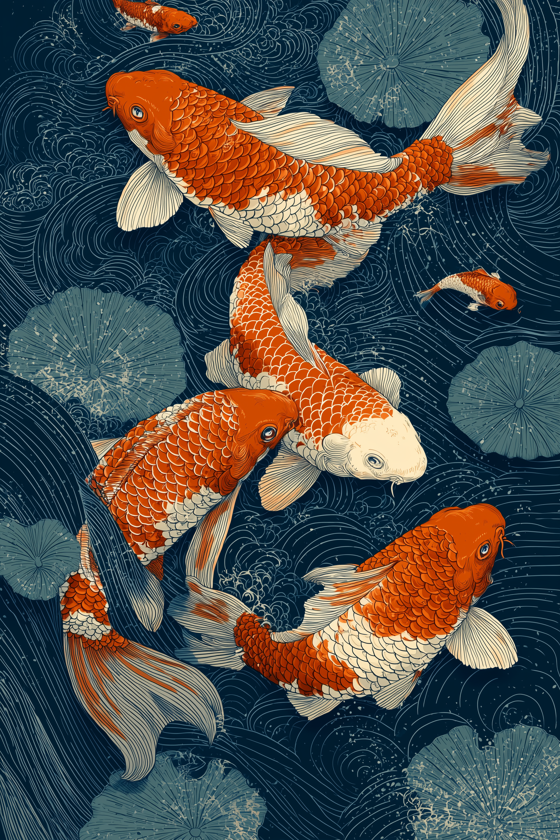 Woodblock-style print of orange-and-cream koi weaving between pale lotus pads on an indigo pond drawn entirely with combed wave lines, two small koi darting at the edges.