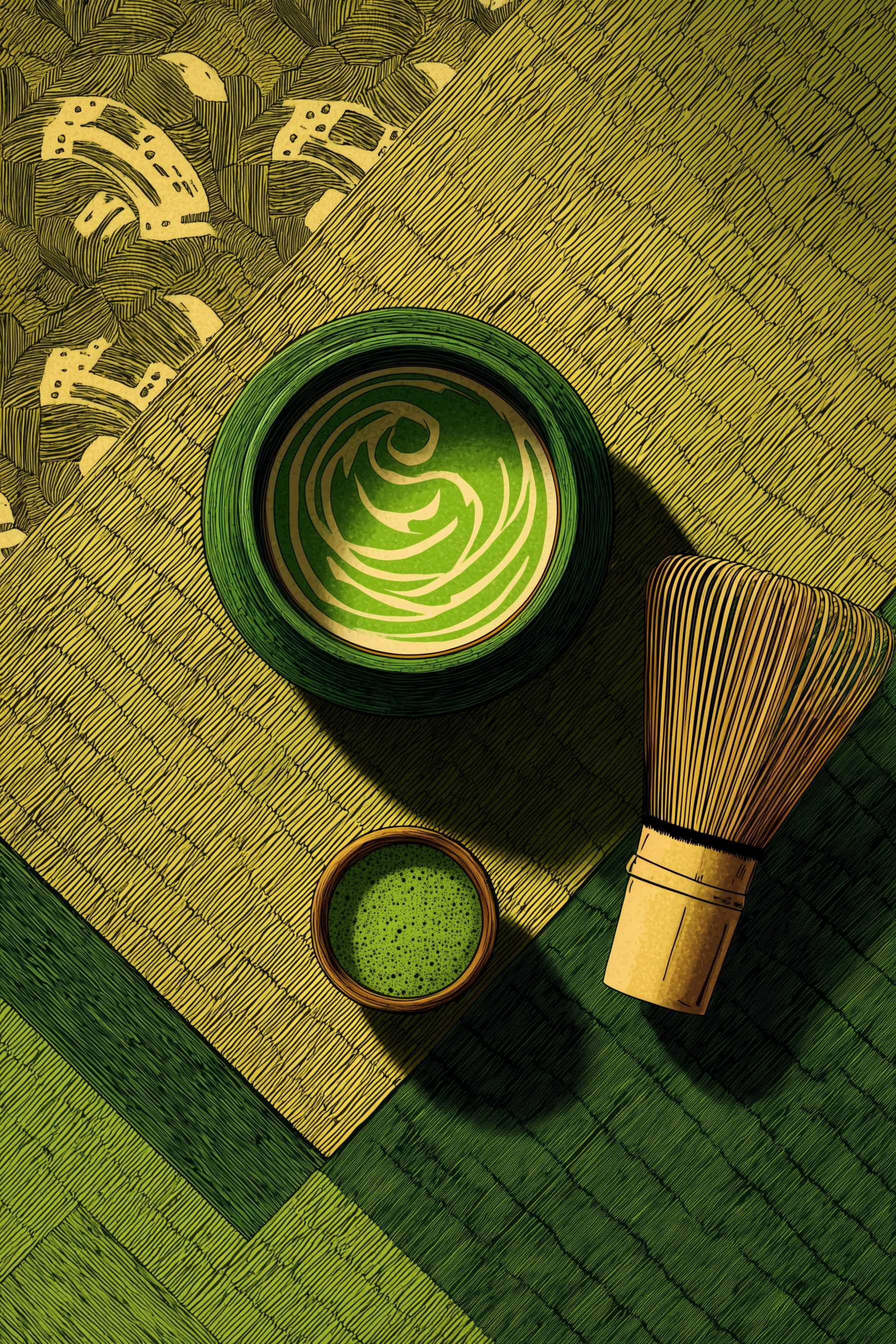 Overhead woodblock-style still life on woven tatami: a green-lacquered bowl of whisked matcha with a spiral of foam, a small cup of bright green tea, and a bamboo chasen whisk casting long afternoon shadows.