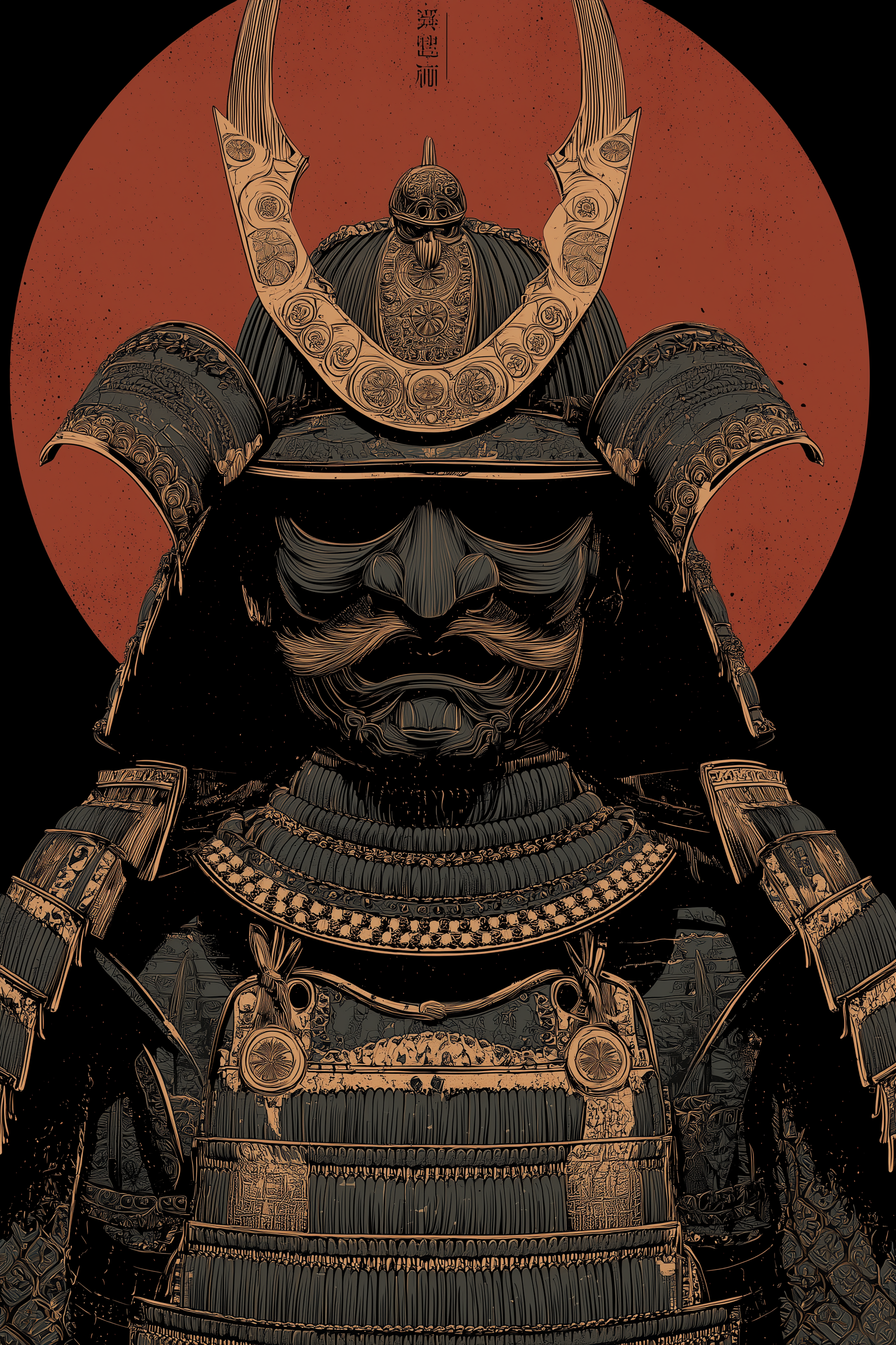 Woodblock-style portrait of a samurai in full ō-yoroi armour: a horned kabuto helmet with gilded crescent, a scowling menpō war mask with flowing moustache, and rows of laced black-and-bronze plates, all set against a dull red sun on black.